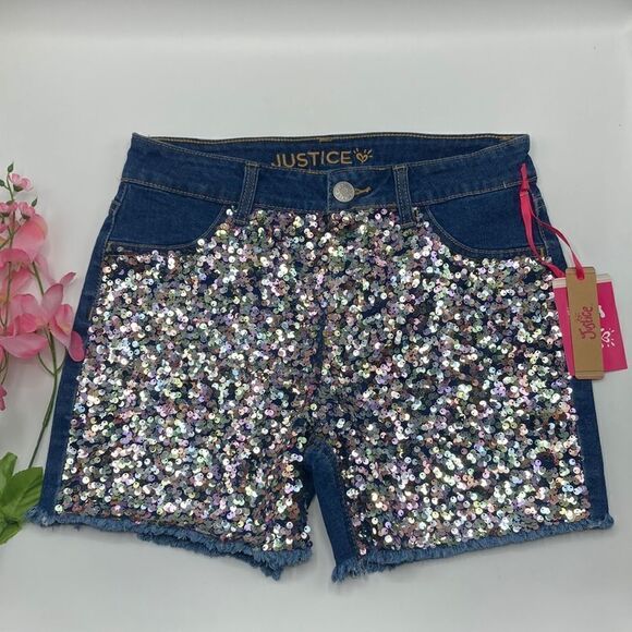 Justice Girl's Highrise Midi Denim Sequin Shorts Size 16 - Picture 1 of 6